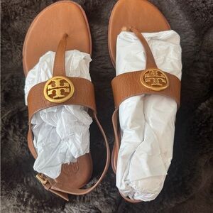 Tory Burch Tan Sandals with Gold Emblem